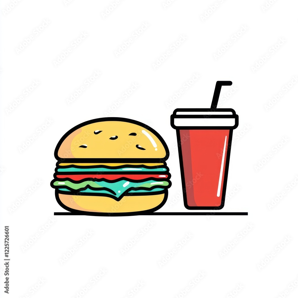 Cartoon Burger and Drink, Simple Illustration, Fast Food, Icon, Flat Design Cartoon Burger and Drink, Simple Illustration, Fast Food, Icon, Flat Design