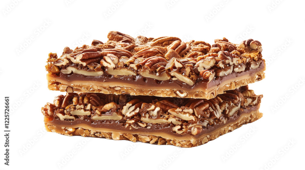 Pecan pie bars, stacked on top of each other, food photography, delicious, mouthwatering. Mockup for national pecan month, delicious sweet food, transparent background. Design element for poster, bann Pecan pie bars, stacked on top of each other, food photography, delicious, mouthwatering. Mockup for national pecan month, delicious sweet food, transparent background. Design element for poster, bann