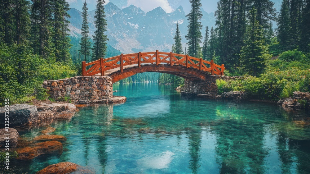 Wooden bridge, mountain lake, tranquil scene, Banff Wooden bridge, mountain lake, tranquil scene, Banff