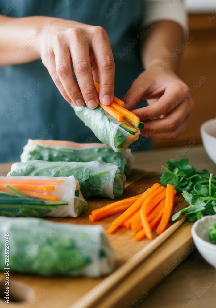 Hands preparing fresh vegetable spring rolls with carrots and spinach on wooden board Hands preparing fresh vegetable spring rolls with carrots and spinach on wooden board