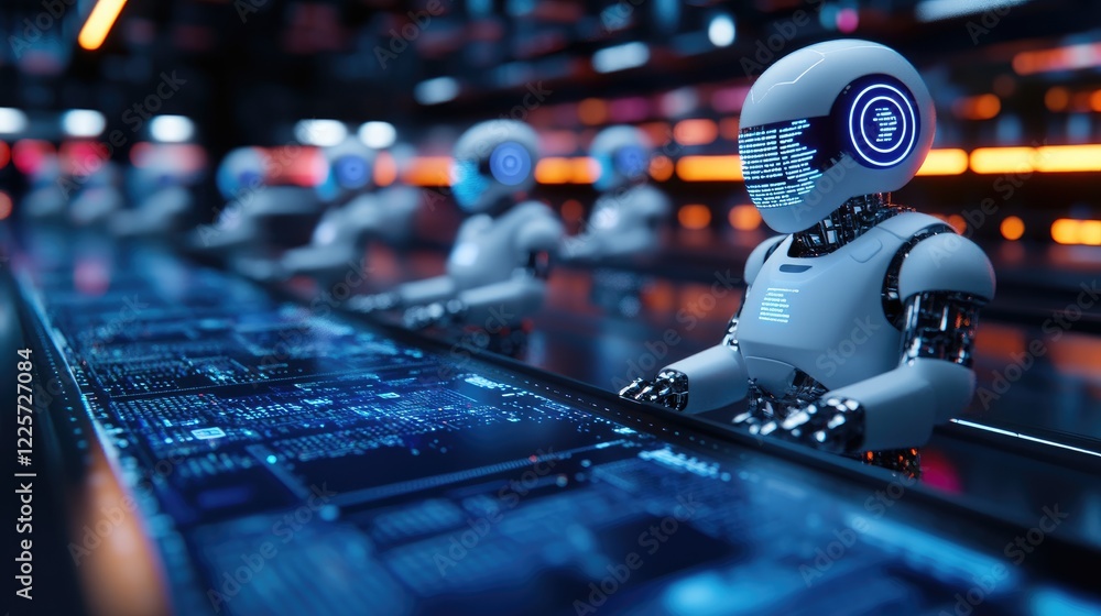 Robots working on digital interface, futuristic factory Robots working on digital interface, futuristic factory