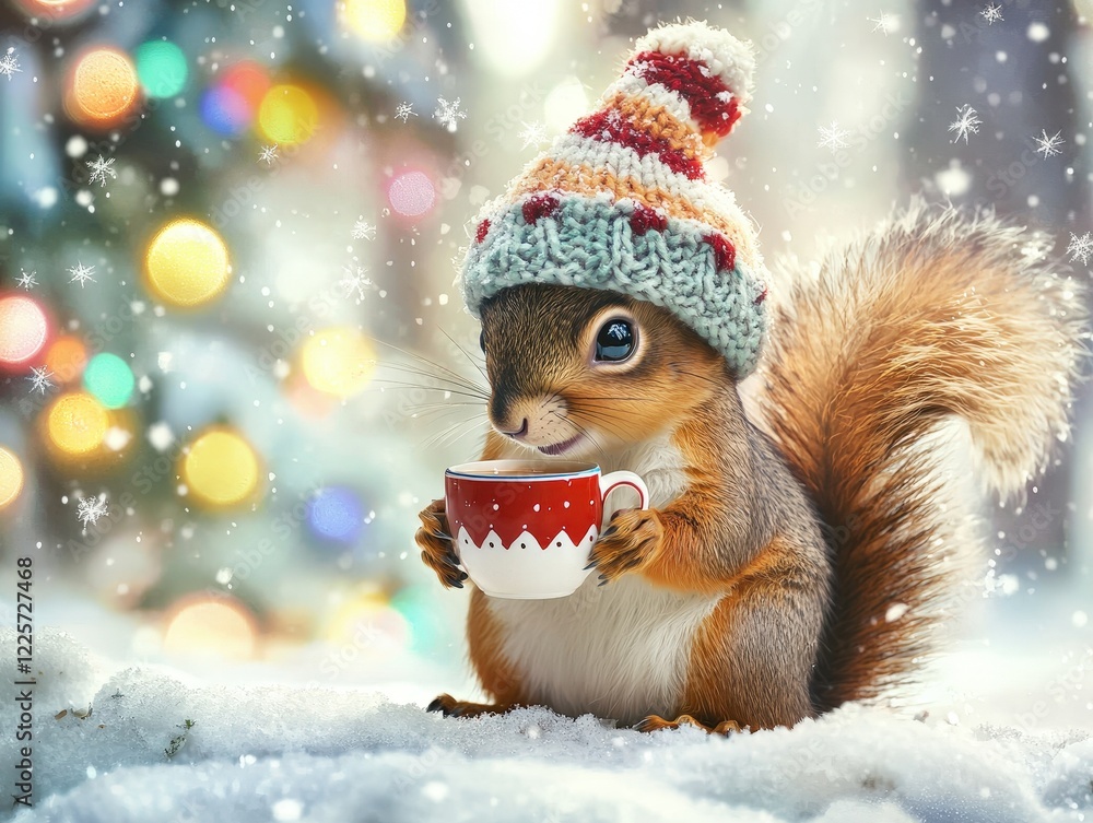 Adorable squirrel in a snowy winter scene wearing a knitted hat, holding a festive mug, with glowing bokeh lights, symbolizing holiday warmth and charm. Perfect for Christmas cards and seasonal themes Adorable squirrel in a snowy winter scene wearing a knitted hat, holding a festive mug, with glowing bokeh lights, symbolizing holiday warmth and charm. Perfect for Christmas cards and seasonal themes