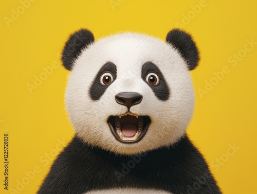 A cheerful panda face against a vibrant yellow background, symbolizing joy and playfulness. Ideal for children's books and cheerful marketing materials.