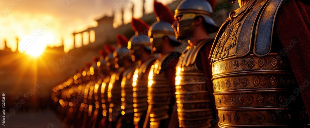 Fototapeta premium Roman legion sunset; ancient ruins; historical reenactment