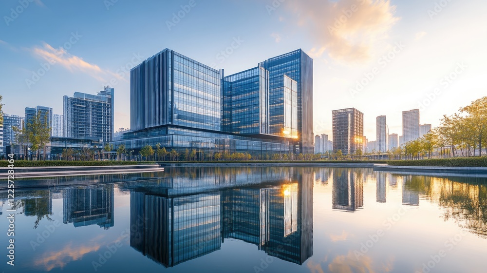 Modern Skyscrapers Reflected in a Calm City Pond at Sunset Modern Skyscrapers Reflected in a Calm City Pond at Sunset