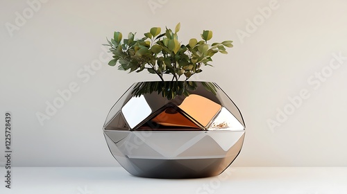 A pot shaped like a geometric dome with reflective metallic accents photo