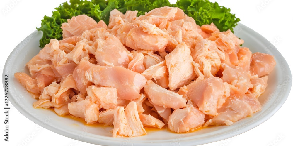 Closeup Cooked Chicken Breast Pieces Plate Closeup Cooked Chicken Breast Pieces Plate