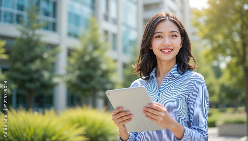 Beautiful, young businesswoman using a digital tablet and enjoying in the city Beautiful, young businesswoman using a digital tablet and enjoying in the city