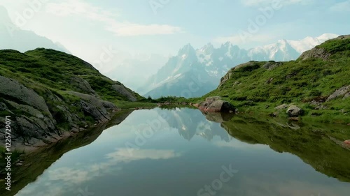 Aerial view of tranquil alpine lake surrounded by majestic mountains and serene sky, Mont Blanc, France.