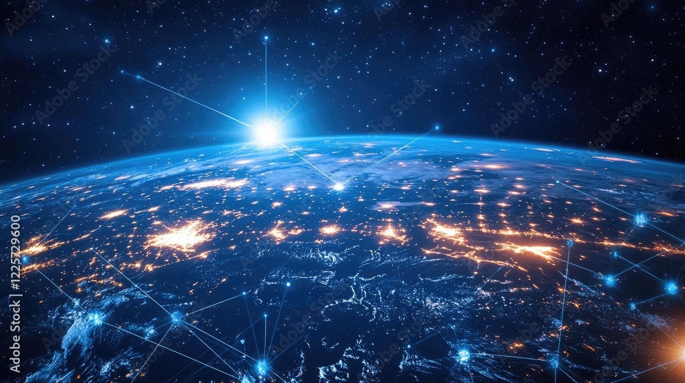 Earth with glowing blue lines representing global connection Earth with glowing blue lines representing global connection