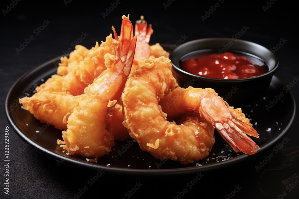 Delicious Tempura Shrimp with Red Sauce on Dark Background - Savory Breaded Seafood Cookery for Deep Fried Food Meal Delicious Tempura Shrimp with Red Sauce on Dark Background - Savory Breaded Seafood Cookery for Deep Fried Food Meal