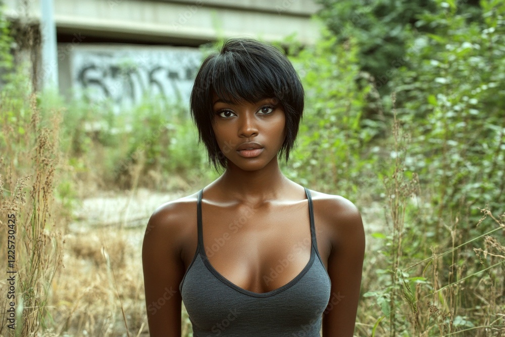 Short coiffure - straight hair. Stunning very startled black girl - for ads, poster and internet use. Commercial marketing visual idea image. Modern african american glam look. Black model.