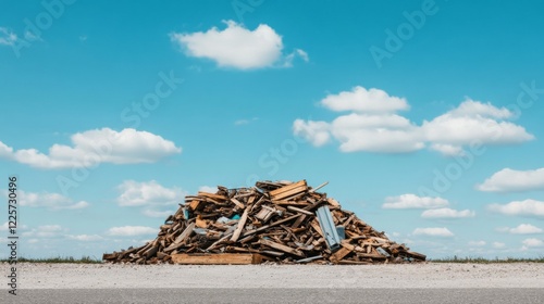 Large pile of discarded wood and metal debris under a bright blue sky. photo