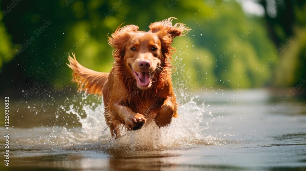Dog Having Fun in the River Water. Playful Canine Running and Playing in Beautiful Landscape with Joyful Expression Dog Having Fun in the River Water. Playful Canine Running and Playing in Beautiful Landscape with Joyful Expression
