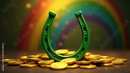 Celebrate St. Patrick's Day enchantment with a Lucky Horseshoe painted green atop gold coins, while a soft rainbow flickers in the distance for extra charm. photo