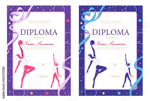 Set with colorful, bright, shiny rhythmic gymnastics diploma with ribbons and stars, pink, purple, blue colors. Competition certificate design