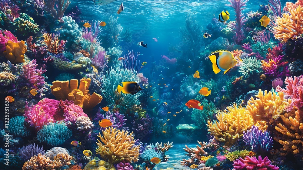 Fototapeta premium A vibrant coral reef with a sea turtle gliding gracefully among the corals