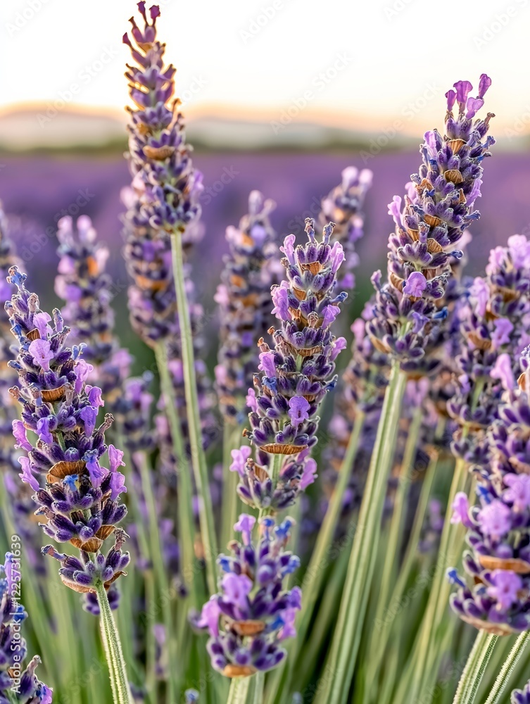 Obraz premium Close up of blooming lavender flowers in field at sunset, showcasing natural beauty and tranquility