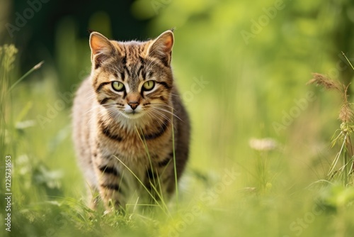 Wallpaper Mural European Wildcat Felis Silvestris Looking Behind Over Shoulder in Summer. Elegant Predator on Meadow with Green Copy Space in National Park of Romania, Europe Torontodigital.ca