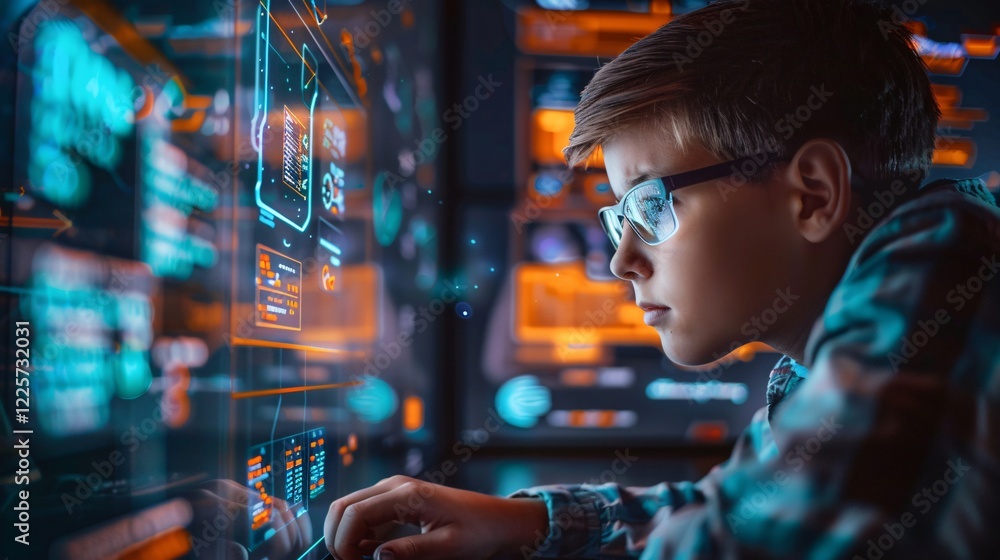 Young coder developing source code on an advanced computer interface Young coder developing source code on an advanced computer interface