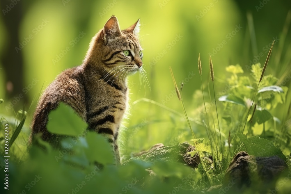 Felis Silvestris: European Wildcat Looking Behind over Shoulder in Summer Meadow with Copy Space. Elegant Predator Mammal in Romanian National Park Felis Silvestris: European Wildcat Looking Behind over Shoulder in Summer Meadow with Copy Space. Elegant Predator Mammal in Romanian National Park