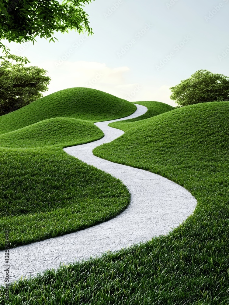 Fototapeta premium Winding white path through lush green hills in a serene, natural setting