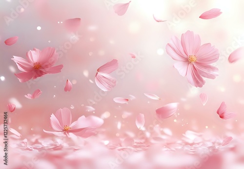 Dreamy pink cosmos flowers and petals floating in soft light with bokeh effect on blurred background, creating romantic and ethereal atmosphere.