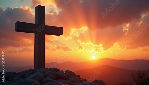 Silhouette of Christian Cross on Mountain at Sunset: Powerful Easter Image for Church Services, Religious Media, and Inspirational Content