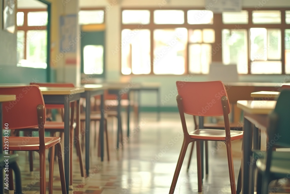 School classroom in blur background without young student; Blurry view of elementary class room no kid or teacher with chairs and tables in campus School classroom in blur background without young student; Blurry view of elementary class room no kid or teacher with chairs and tables in campus
