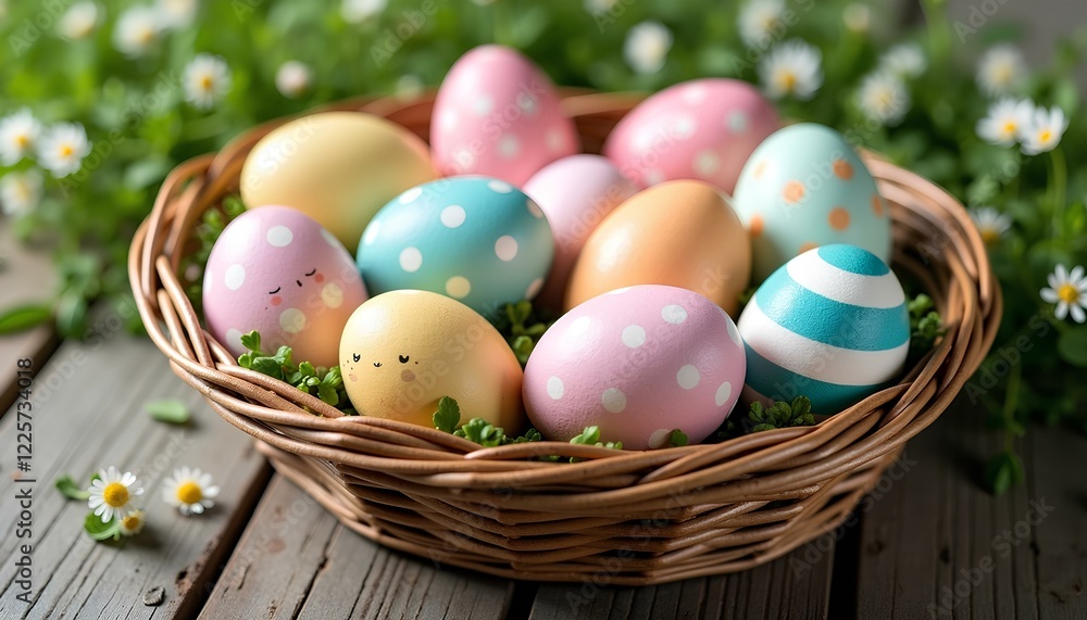 Happy Easter day, colored Easter eggs in a nest, Easter eggs and flowers background with copy space Happy Easter day, colored Easter eggs in a nest, Easter eggs and flowers background with copy space