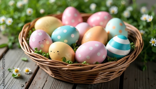 Happy Easter day, colored Easter eggs in a nest, Easter eggs and flowers background with copy space