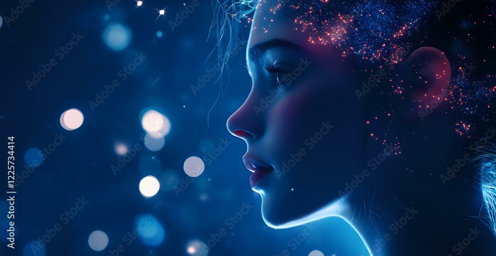 Profile silhouette of young woman with glowing particles in hair against dark blue background with bokeh lights creating dreamy atmosphere. Profile silhouette of young woman with glowing particles in hair against dark blue background with bokeh lights creating dreamy atmosphere.