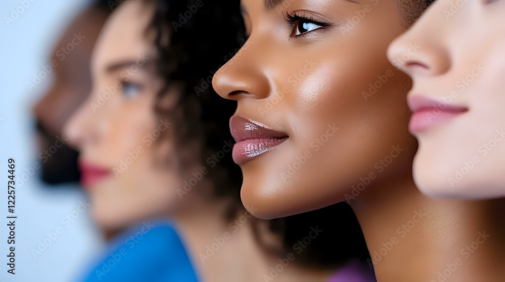 Diverse women with different skin tones and features in profile view showcase natural beauty and inclusivity against blue background, beauty and cosmetics concept. Diverse women with different skin tones and features in profile view showcase natural beauty and inclusivity against blue background, beauty and cosmetics concept.