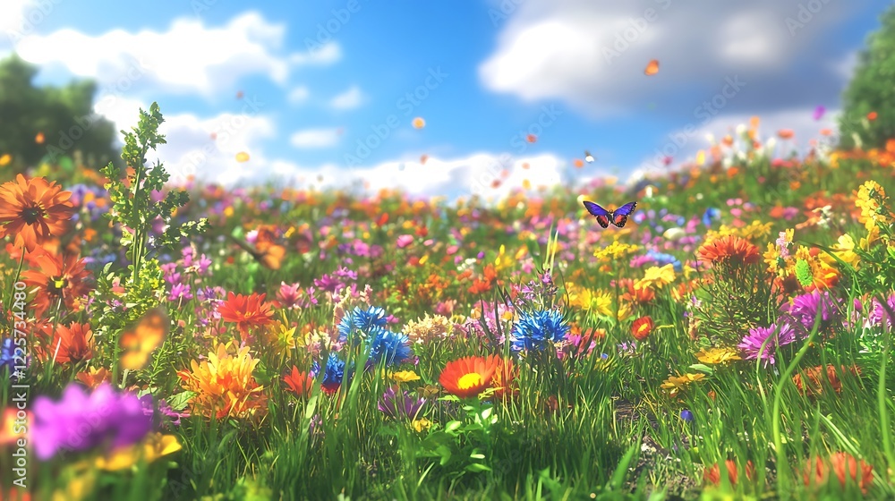 Fototapeta premium A vibrant meadow full of colorful wildflowers, with butterflies fluttering around and a bright blue sky