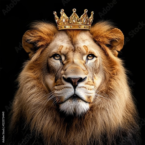 Majestic lion adorned with a golden crown gazes proudly in a darkened realm of royalty and strength photo