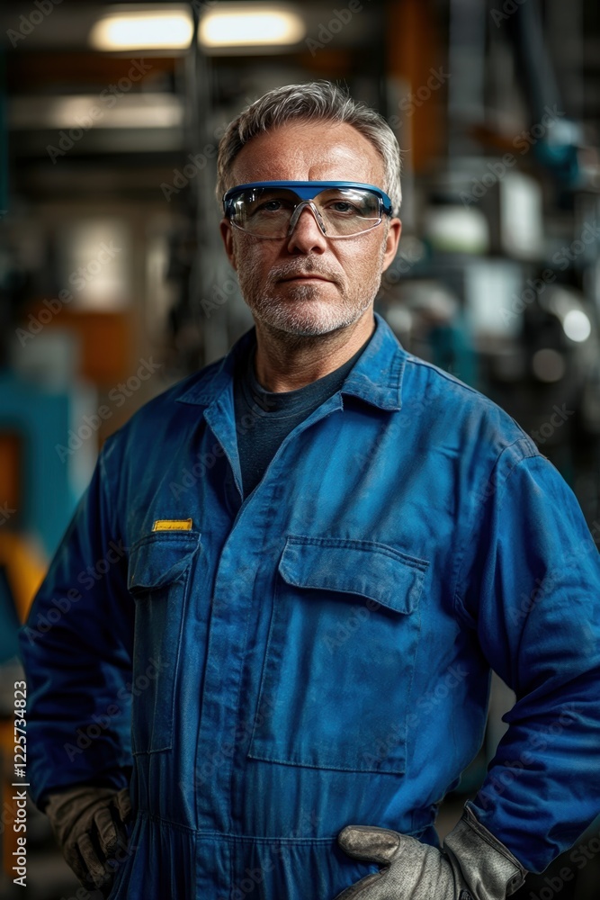 Serious factory worker captured in a vibrant manufacturing environment, showcasing dedication and expertise Serious factory worker captured in a vibrant manufacturing environment, showcasing dedication and expertise