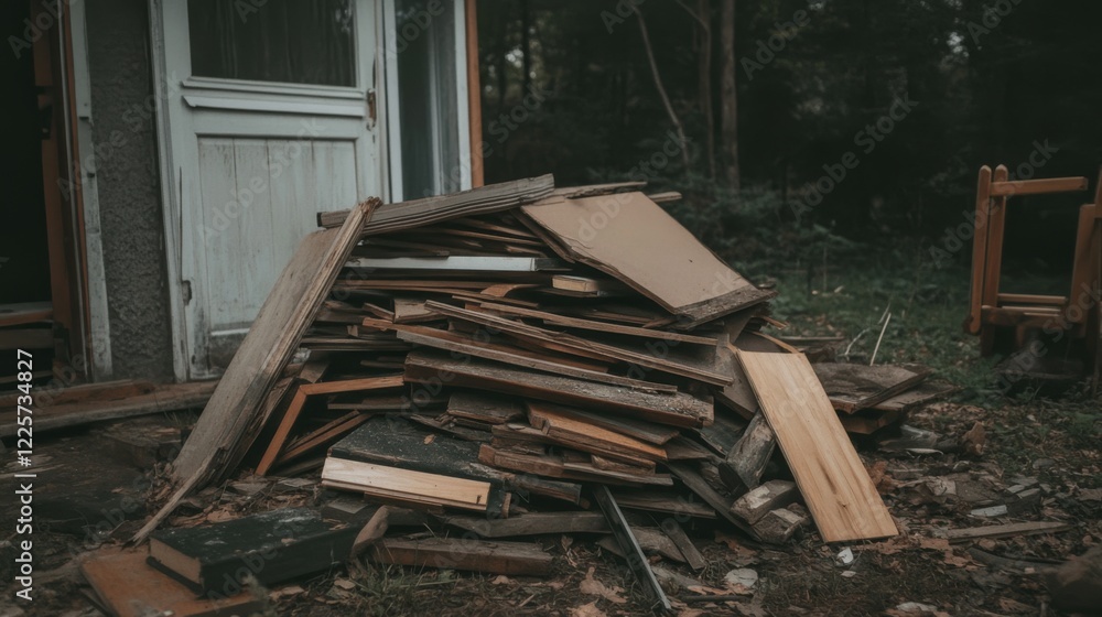 Pile of discarded wood and debris near a building. Pile of discarded wood and debris near a building.