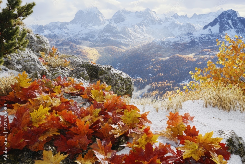 Autumn leaves on snowy rocks overlooking a majestic snow-capped mountain range. Autumn leaves on snowy rocks overlooking a majestic snow-capped mountain range.