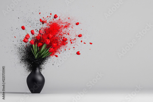 A dramatic photograph of a nearly exploded black vase, with crimson tulips unharmed, radiating against the breaking fragments,