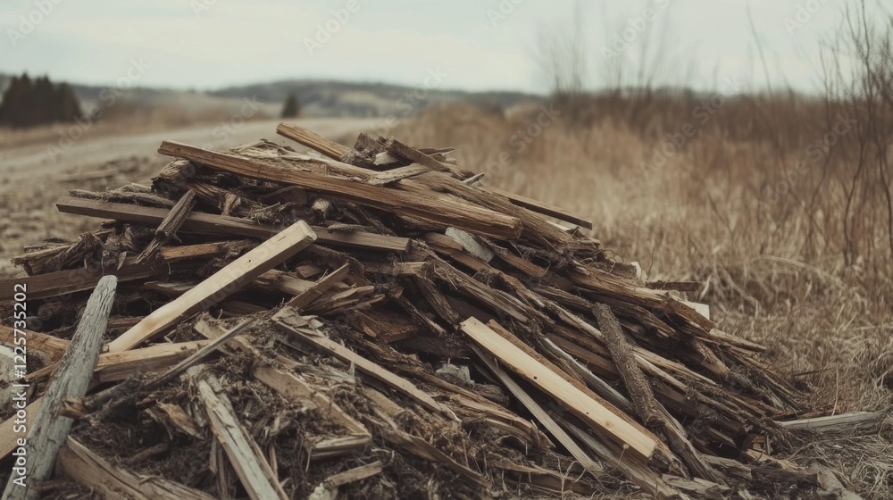 Pile of discarded wood scraps beside a rural road. Pile of discarded wood scraps beside a rural road.