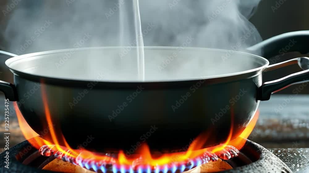Steam rises from boiling water in a pot on a gas stove, capturing an engaging cooking process in a modern kitchen Steam rises from boiling water in a pot on a gas stove, capturing an engaging cooking process in a modern kitchen