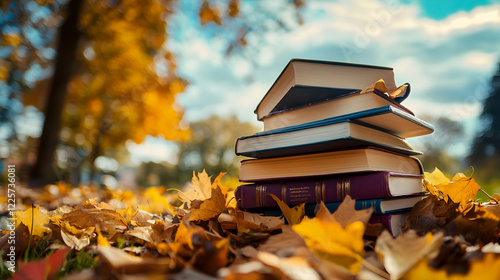 Books surrounded by autumn leaves in shades of orange, yellow, and purple with a blurry landscape and cloudy blue sky, perfect for National Book Lover Day16:9 - Image #3 @Celeste photo