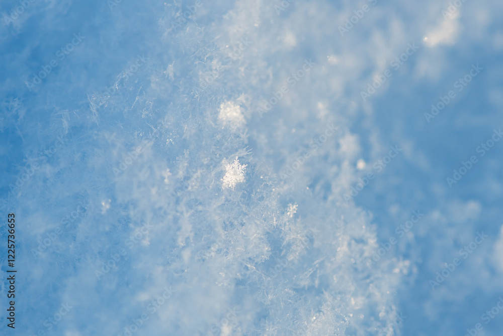 Fototapeta premium Close-up view of delicate snow crystals sparkling in the sunlight on a clear blue winter day, showcasing the intricate beauty of nature's frozen artistry