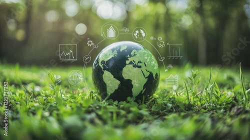 Globe with carbon footprint icons and charts on a digital screen, representing environmental impact and product life cycle assessments.