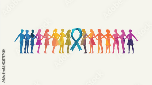 Clipart of a group of people forming a chain with their hands, each holding a colored cancer awareness ribbon, creating a strong visual of unity, with clear vector lines and a solid ba