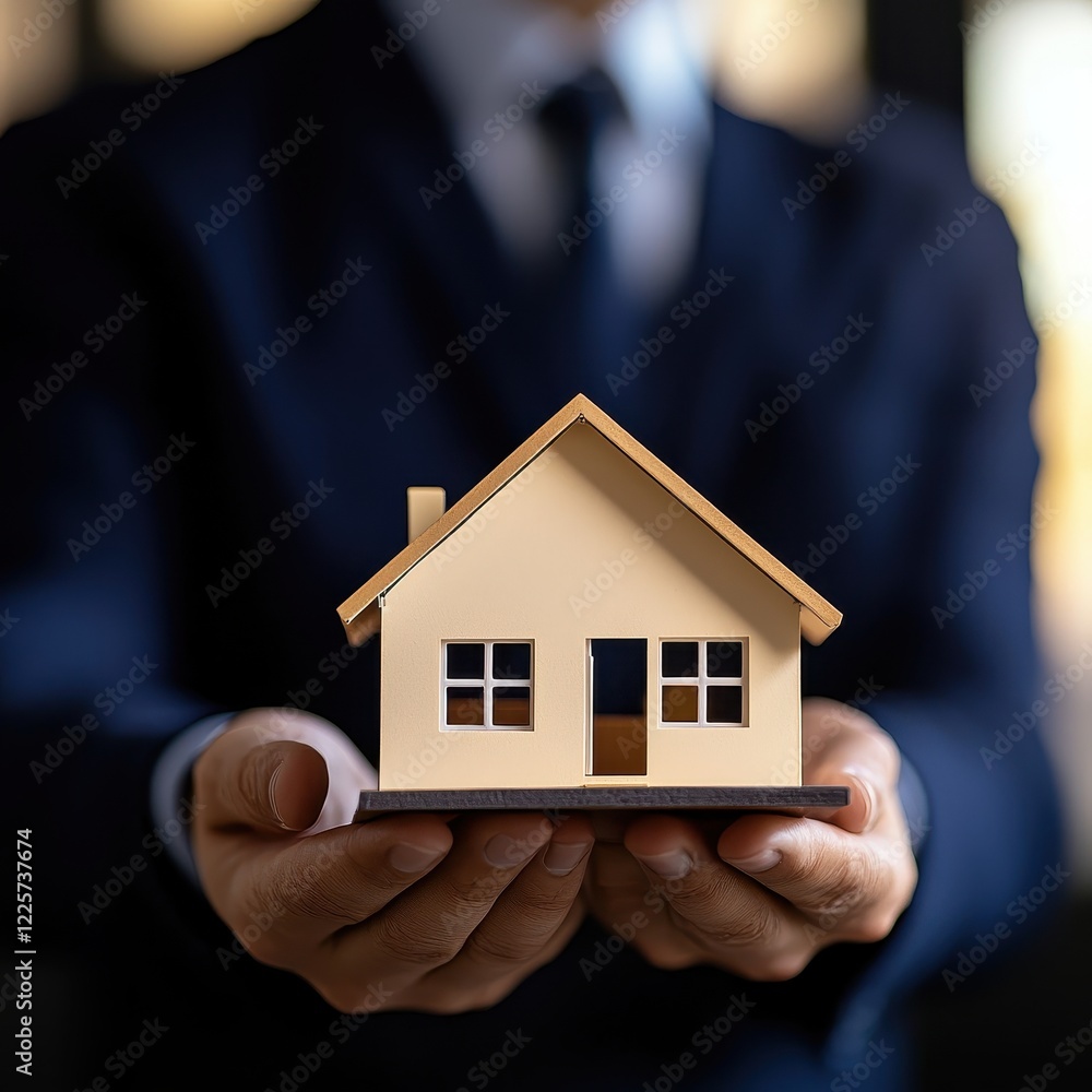 A business professional holds a miniature house model, symbolizing real estate services and homeownership. A business professional holds a miniature house model, symbolizing real estate services and homeownership.