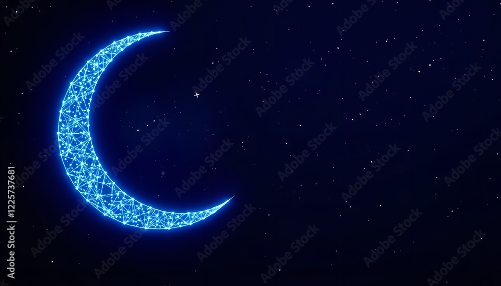 Crescent Moon Night Sky Abstract Digital Art Glowing Blue Celestial Design Mystical Space Background Starry Night Galaxy Illustration Modern Polygonal Crescent Moon Night Sky Abstract Digital Art Glowing Blue Celestial Design Mystical Space Background Starry Night Galaxy Illustration Modern Polygonal