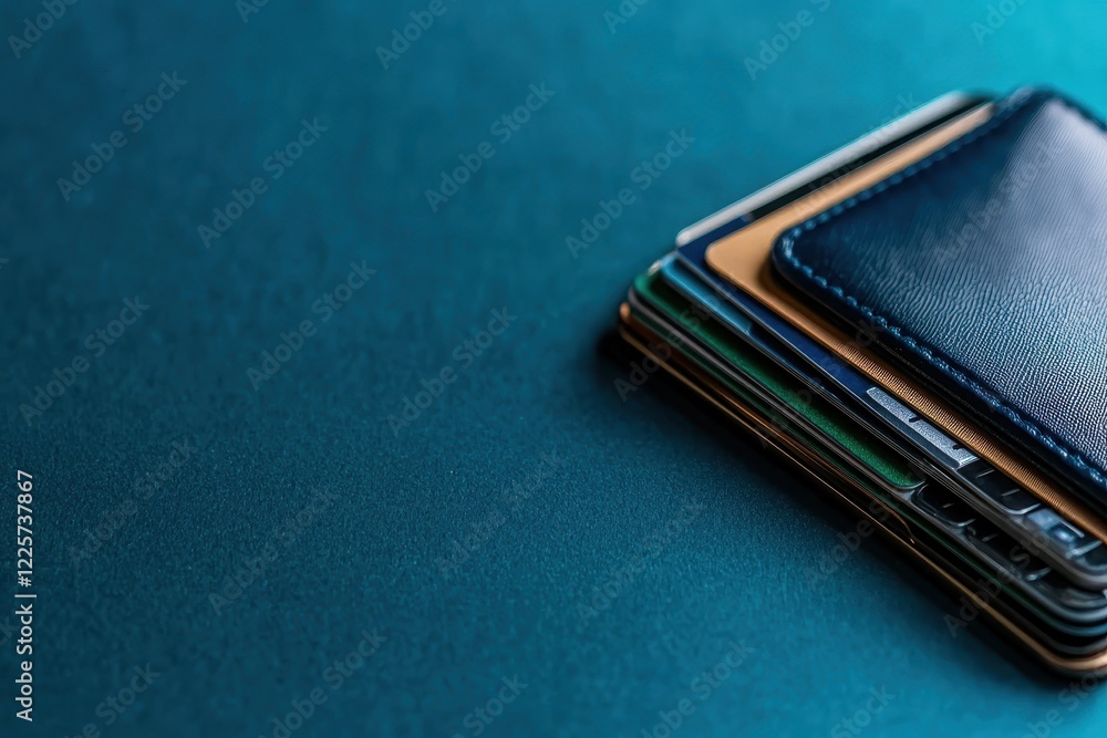 A close-up view of stacked wallets on a teal surface, showcasing varying textures and colors in a minimalist style. A close-up view of stacked wallets on a teal surface, showcasing varying textures and colors in a minimalist style.