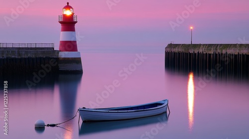 Roker pier lighthouse at dusk with a glowing pink sky reflected on the tranquil water and a lone rowboat moored by a buoy- sunderland tyne and wear england photo