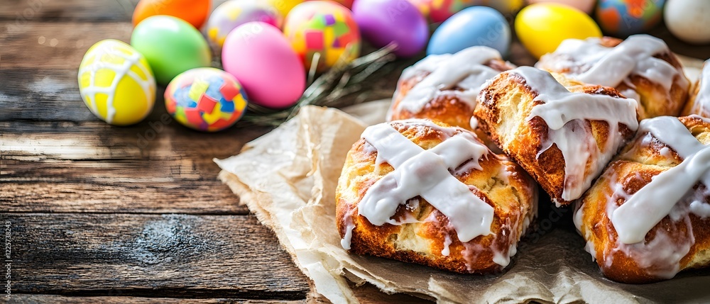 Delicious Easter Hot Cross Buns with Colorful Eggs Delicious Easter Hot Cross Buns with Colorful Eggs